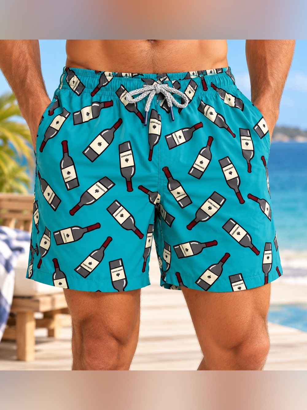 Rainforest Men’s XL Teal Wine Bottle Print 6” Swim Trunks Mesh Lined Resort NEW